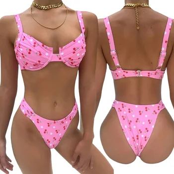 2 Buc Femei Sexy Costume De Baie, Adulți Cherry Print S-Au Adunat Underwire Bikini Topuri + Înot Fund