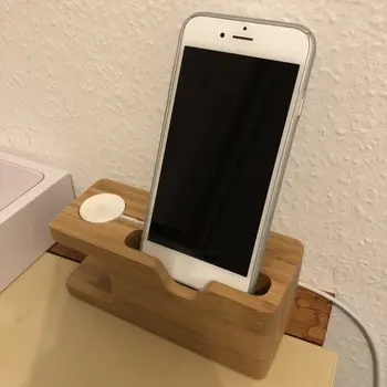 2-în-1 de Bambus Reale lemn Suport de birou pentru Tableta iPad Suport de Andocare Suport Incarcator pentru iPhone Dock de Încărcare pentru Apple Watch