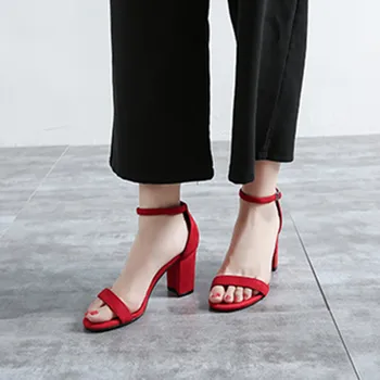 2019 coreene noi, un buton cu toc inalt sandale cu toc gros vara femei versatil sandale Negre de piele de Căprioară mică pantofi pentru femei