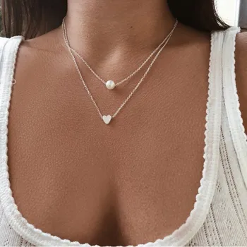 2019 Noua Moda De Vara Colier Pentru Femei Cu Strat Dublu De Dragoste Inima Pandantiv Colier De Perle Imitație Trendy Bijuterii En-Gros