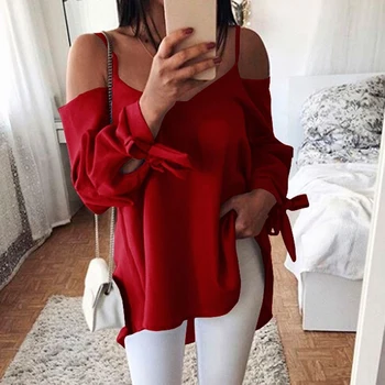 2019 Vara Femei Cămăși cu Mânecă Lungă Sexy Sling de Pe Umăr V-Neck Papion Maneca Femei Topuri Casual Solid roupa feminina