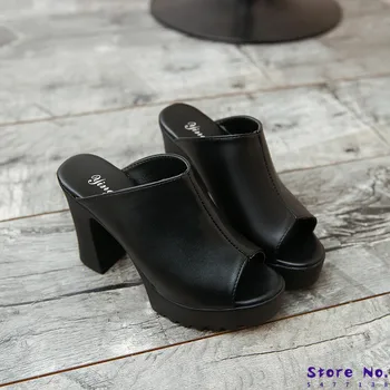 2021 Femei Sexy, Cu Toc Inalt Catâri Saboți Negru Peep Toe Platforma Catâri Doamnelor Piele Naturala Papuci De Casă Potrives Alunecare Pe Sandale Pantofi