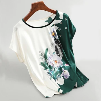 2021 Noi Femeile Mătase Bluze Din Satin Batwing Maneca Vintage Print Floral Doamnelor Bluza Casual Cu Maneci Scurte Topuri