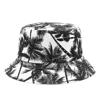 2021 Nou Unisex Moda Vara Reversibilă Negru Alb Copac De Nucă De Cocos Imprimate De Pescar Capace Găleată Pălării Bărbați Femei