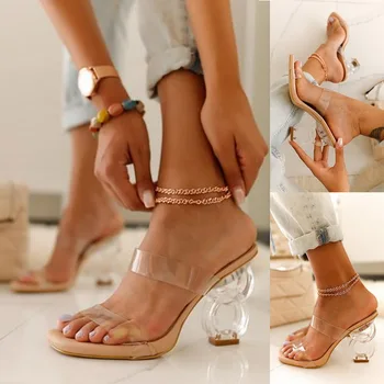 2021 Noua Moda Sandale de Vara din PVC Cristal Deschide Degete Tocuri inalte Femei Transparent Toc Sandale Papuci de casă Pompe