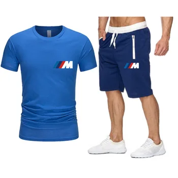 2021 Populare Noi de Bumbac Barbati tricou + pantaloni Scurți de Sport Set BMW de Vară de Înaltă Calitate Bumbac T-shirt Sport Rulează Set