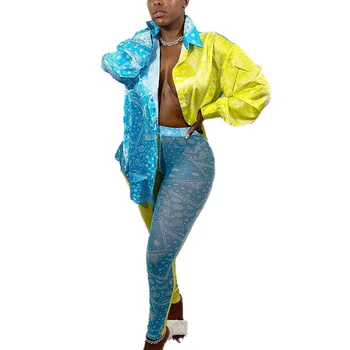 2021 Toamna pentru Femei de Moda Turndown Guler Contrast de Culoare Nou Imprimate Casual Tricou cu Maneci Lungi, Tubulare Strâns Plasă de Pantaloni de Costum