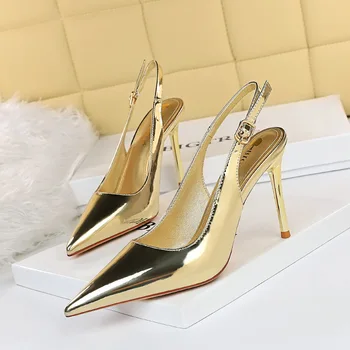 2021 Vara Femei de Aur 8cm Tocuri Subtiri de Mare Sandale Sandale Office Lady Blue Aur, Argint Tocuri Sandale de Dimensiuni Mari Pantofi de Nunta