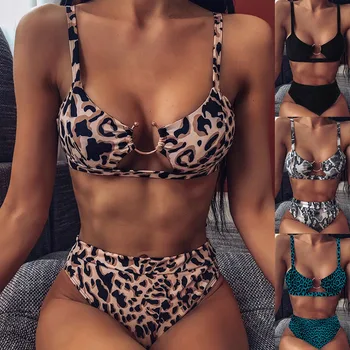 2021 Vara Sexy Set De Bikini Femei Talie Mare Leopard Snake Print Split De Costume De Baie Push Up Bandeau Tanga Brazilian Biquini Costume De Baie