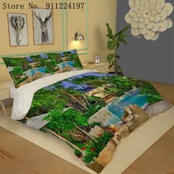 3D Resort Peisaj Set de lenjerie de Pat 259*229CM de Pat de Lux Foaie Piscină Carpetă Acopere 3Pcs Singur Dublu Lenjerii de pat din Microfibra