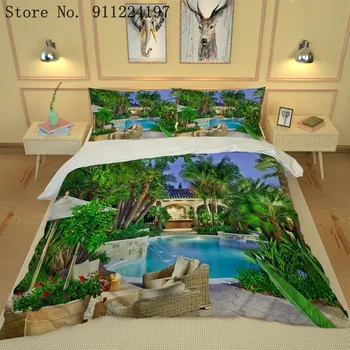3D Resort Peisaj Set de lenjerie de Pat 259*229CM de Pat de Lux Foaie Piscină Carpetă Acopere 3Pcs Singur Dublu Lenjerii de pat din Microfibra