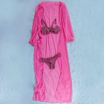 3pcs Set Sexy Bikini Set cu Capac Lung Inel Taie Sutien pentru Femei Costume de baie de Vară pe Plajă Purta costume de Baie Solid 2021 Boho