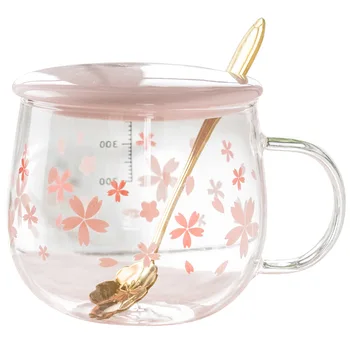 400ml Sakura cana de sticla Cu Lingura si Ceramica Capac Transparent flori de cires Cană de Cafea din Sticlă Rezistente la Căldură Ceai Lapte Cana de Baut