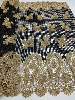 (5yards/pc) de Înaltă calitate Africane mare cordon tesatura dantelă neagră aur cu lux margele broderie pentru rochie de petrecere WJY007