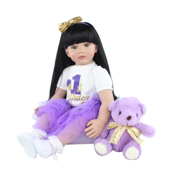 60 CM Silicon Moale Renăscut Baby Doll Jucarii Pentru Fete De 24 Inch Negru Păr Lung Printesa Copilul Dress Up Bebe Copii Cadou de Ziua de nastere