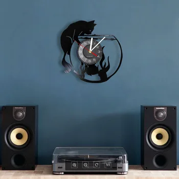 Acvariu Ceas De Perete Pisica Capturarea De Pește Disc De Vinil Stil Creativ Non-Bifarea Tăcut Decor Acasă 7 - Culori Lumina De Noapte Moderne