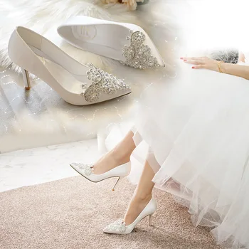 Alb cu Toc Stilet Ascuțit Stras Satin Dantelă Pantofi pentru Femei Rochie de Banchet Pantofi Pantofi de Nunta de domnisoare de Onoare