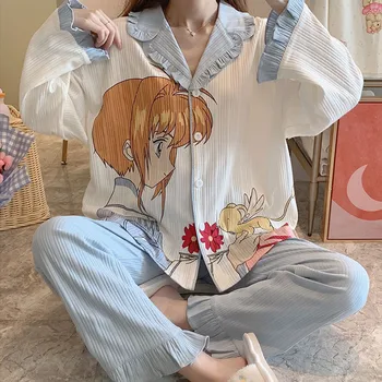Anime Pijama Set Cardcaptor Sakura 2 BUC Bumbac Homewear Topuri cu Maneci Lungi si Pantaloni de Pijama Femei Japoneze Desene animate Nightsuit
