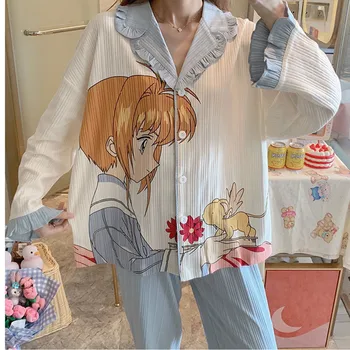 Anime Pijama Set Cardcaptor Sakura 2 BUC Bumbac Homewear Topuri cu Maneci Lungi si Pantaloni de Pijama Femei Japoneze Desene animate Nightsuit