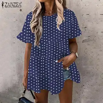 Baggy Imprimate Topuri de Vară de Moda Doamnelor Bluza ZANZEA O Petrecere Gât Tricou cu Buline Bluza Casual Femei Maneci Scurte Blusas