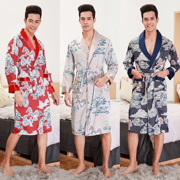 Barbati Mens Haina Mâneci Lungi Halat De Baie Matasos De Satin Kimono Dragon Print Pijamale, Halat De Baie Noaptea Halat Homewear Halat De Baie
