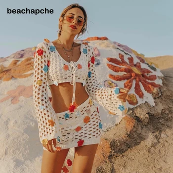 Beachapche 2 Bucati Crochet Bikini Acoperă-up-uri Boho Aplici Tubulare din Femeile de pe Plajă Purta Costum de baie de Acoperire-Up Topuri si Fuste