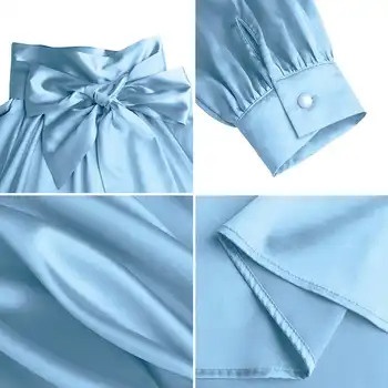Biroul Doamnelor Tricouri Femei Bluza din Satin Elegant Lantern Maneca Top Cutat 2021 VONDA de sex Feminin Gât Înalt Buton-Up Bluza Blusas