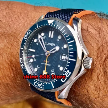BLIGER Brand Bărbați Ceas Cu Automatic GMT Mișcarea Data Fereastră de Sticlă de Safir Ceas de mână pentru Bărbați