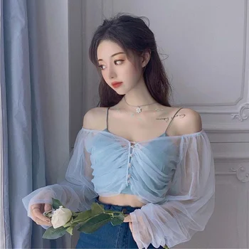 Bluze Femei ochiurilor de Plasă Design Simplu Solid Ins Tânăr Stil V-Neck Printesa de Soare-dovada Doamna Îmbrăcăminte coreeană Chic Elegante Fete Minunate