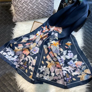 [BYSIFA] Bleumarin Mătase Eșarfă Șal de Moda de Lux Femei Eșarfe Lungi Împachetări Stil Chinezesc de Flori Esarfe Toamna-Iarna Eșarfă