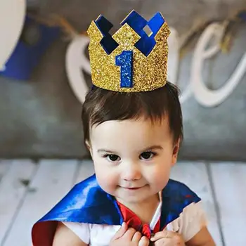 Băieți Fete Albastru de Aur Prima Aniversare Pălărie Fată Sclipici Aur Roz Princess Crown Număr 1 2 3 Ani, Petrecere Copil de Dus Decor