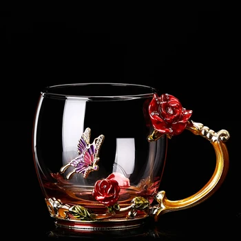 Cană de Cafea din sticlă Ceașcă de Ceai Email Floare de Cristal de Înaltă calitate Mâner Cadou pentru Iubitul Nunta R2078