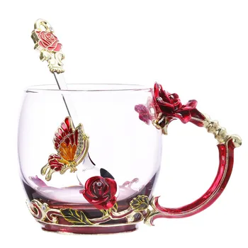 Ceașcă de ceai de Sticlă Cani de Cafea Email Rose Floare Fluture Beau Cani cu Lingura Set Unic de Cadouri pentru Aniversare de Nunta de Craciun