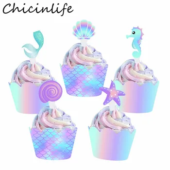 Chicinlife 10buc Sirena Cupcake Ambalaje de Partid Ziua de nastere Tort de Frontieră Cupcake Înveliș Copil de Dus de Mireasa Sirena Consumabile Partid