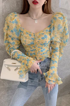 COIGARSAM Stil francez bluza femei Vintage Complet Maneca Imprimare Florale Șifon blusas femei topuri si bluze Galben 0446