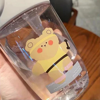 Copii sticlă de apă de desene animate drăguț urs model creativ portabil mini fată simplă creație a paielor de băut din cană