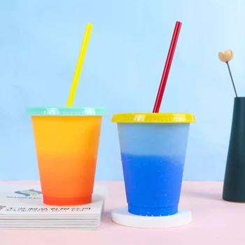 Creativ de Schimbare a Culorii Cana cu Capac si Pai din Plastic Reutilizabile Scurt Băutură Rece Cana pentru Copii Adulți HR
