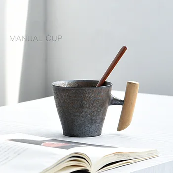 Creativ retro mâner de lemn cana cu lingura de uz casnic cana de ceai din ceramica lucrate manual gresie birou ceașcă de cafea în stil Japonez 3 orde