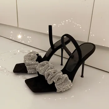 Cristal Catâri Femei Sandale de Vară 2021 Tocuri Înalte de Moda Deget de la picior Deschis Bling Sexy si Damele de Pantofi Deget de la picior Pătrat Stras Sandale