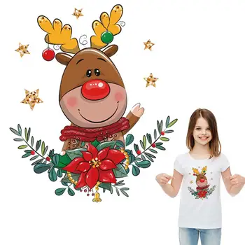 Crăciun Patch Nou Transfer De Căldură T-Shirt, Blugi Decorare Diy Lavabil Termică Autocolante De Desene Animate Cerb Cu Coroană De Crăciun