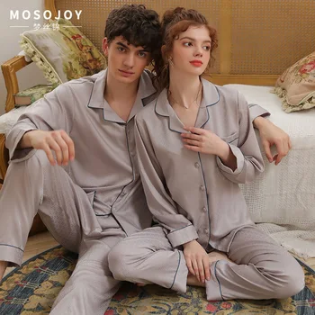 Cuplu Pijamale Serviciu Acasă Matase de Gheață de Primăvară și Toamnă pentru Femei și Bărbați Costume Subțire Costum Casual Vrac