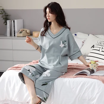 Dimensiuni mari, M-5XL Femei Maneca Scurta Seturi de Pijamale Lounge Bumbac, Pijamale Fete VRAC Homewear