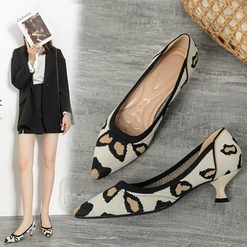 Doamna Subțire Pantofi cu Toc 4.0 cm Femei Toc Mediu Casual Pantofi Leopard de Imprimare a Subliniat Toe Culoare Solidă Bază Confortabil Talpă Moale Tricot