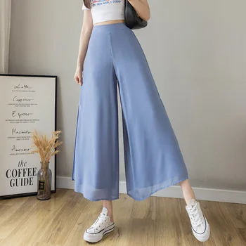 Dublu-Strat de Sifon Alb Side Split Largi Picior Pantaloni pentru Femei de Vară 2021 Nou Stil coreean Casual Glezna-lungine Fusta Pantaloni