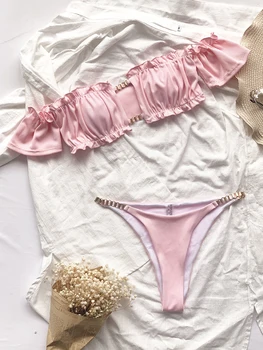 Ellolace de Pe Umăr pentru Femei costume de Baie Costume de baie Solid Bikini 2021 Gol Afară de costume de Baie Separate, Căptușit Talie Joasa Set de Bikini