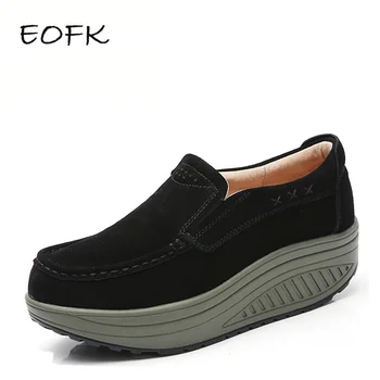 EOFK Noi din Piele Femei Pantofi Leagăn Slip-on Pantofi Wedge 5CM Înălțime Creșterea Slăbire Adidași
