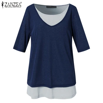 Femei Bluza Vintage ZANZEA 2021 Vara Femei pe Jumătate Maneca Topuri Casual Solid, O-neck Loose Feminin Fals Două Piese Tunica