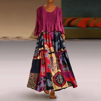 Femei Casual Vintage rochii de Vara vestidos de festa Imprimare Mozaic O-Gât Două Bucăți de Dimensiunea Plus Buzunare Maxi Rochie Lenjerie AD