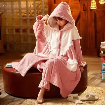 Femei Coral Fleece Seturi de Pijamale Flanel Iarna Homewear Maneca Lunga cu Gluga Sleepwear Minunat Urechi de Iepuras de sex Feminin Pijamale Costum