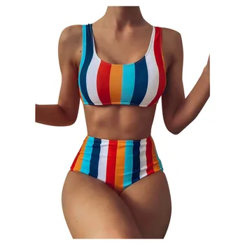 Femei Costum de Înot 2021 Femei cu Dungi Push-Up de High Cut Inaltime Talie Halter Bikini Set de Două Piese de costume de Baie costum de baie femei